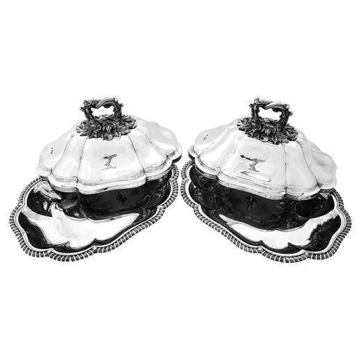 Pair Antique Victorian Sterling Silver Entree Dishes 1844 London England