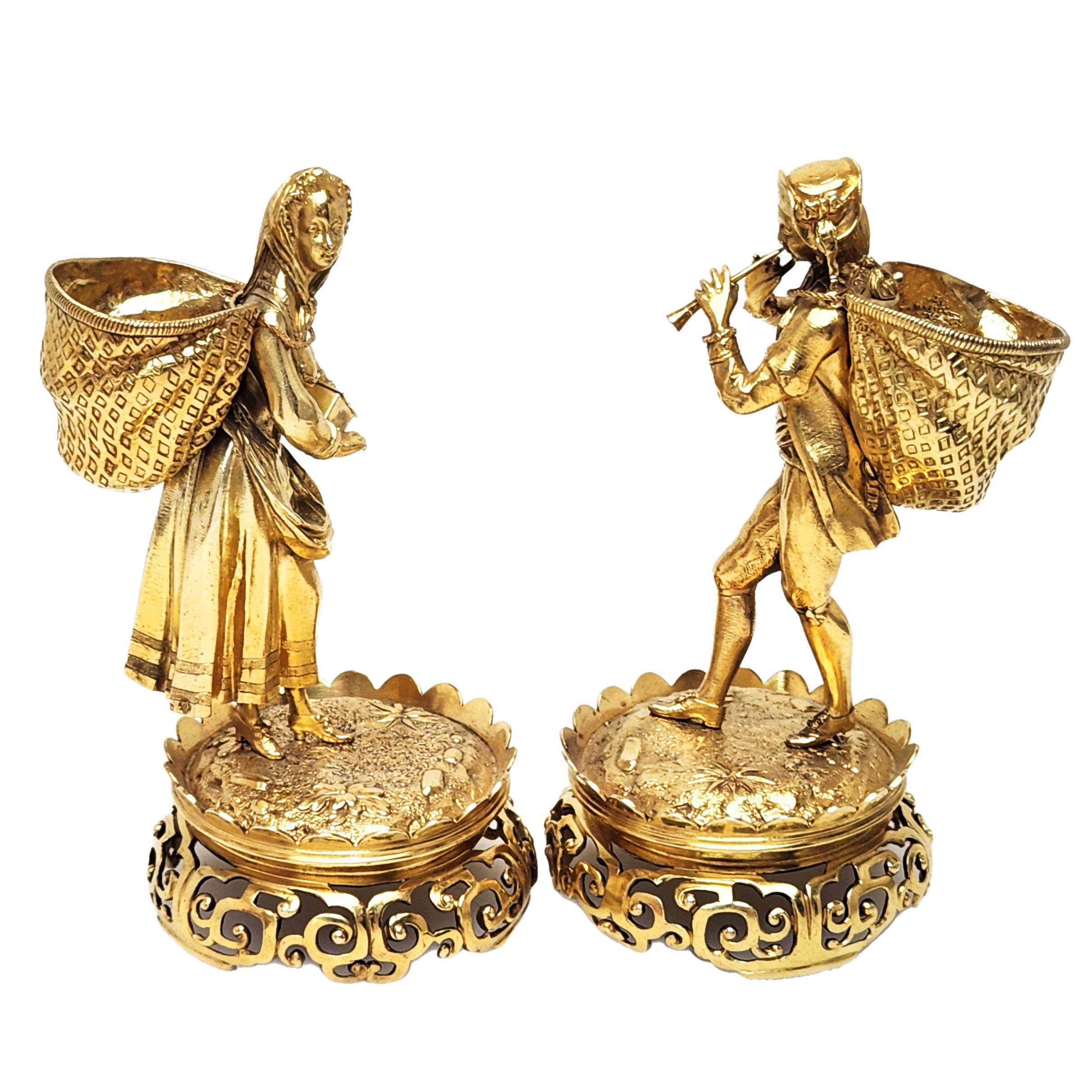 English Pair Antique Victorian Sterling Silver Gilt Boy Girl Salts Sinch Pots 1873 For Sale