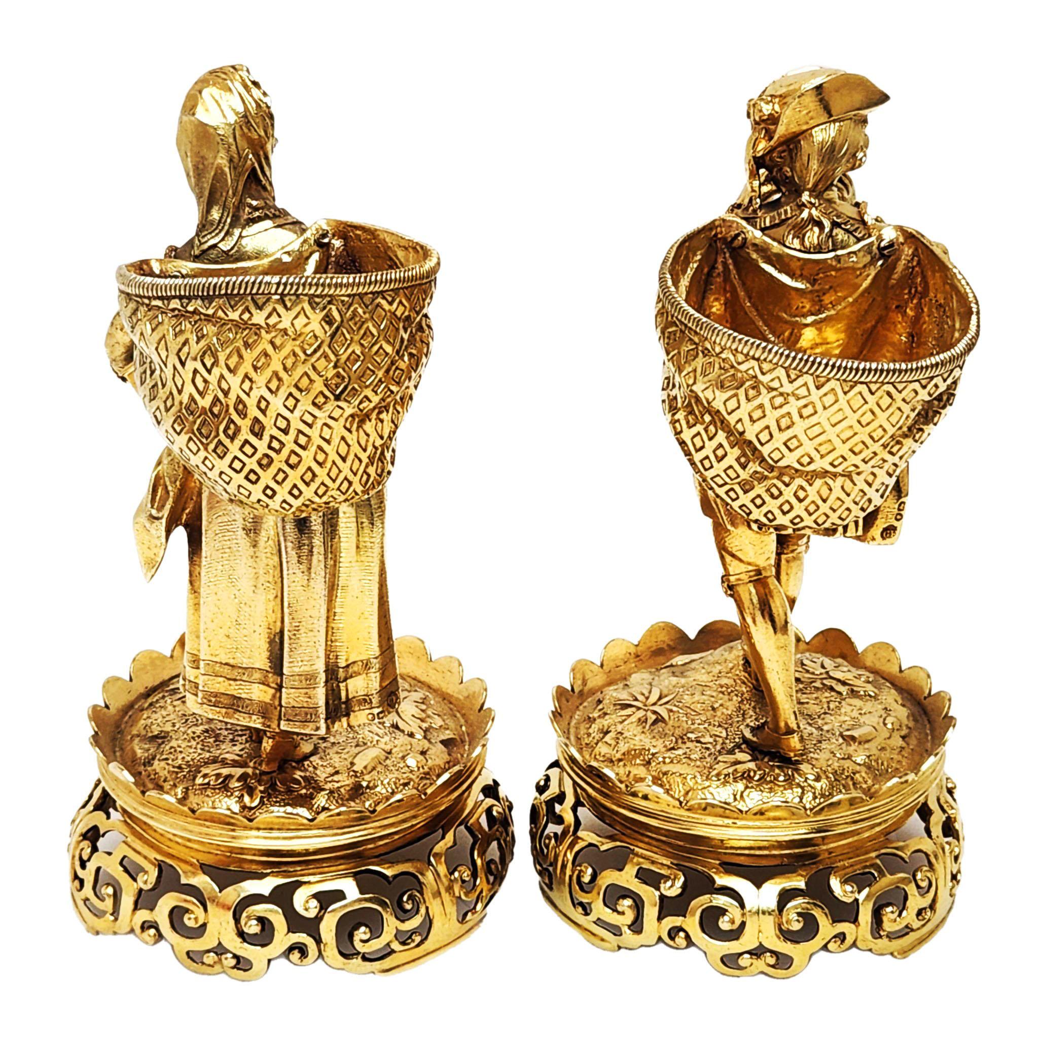 Pair Antique Victorian Sterling Silver Gilt Boy Girl Salts Sinch Pots 1873 In Good Condition For Sale In London, GB