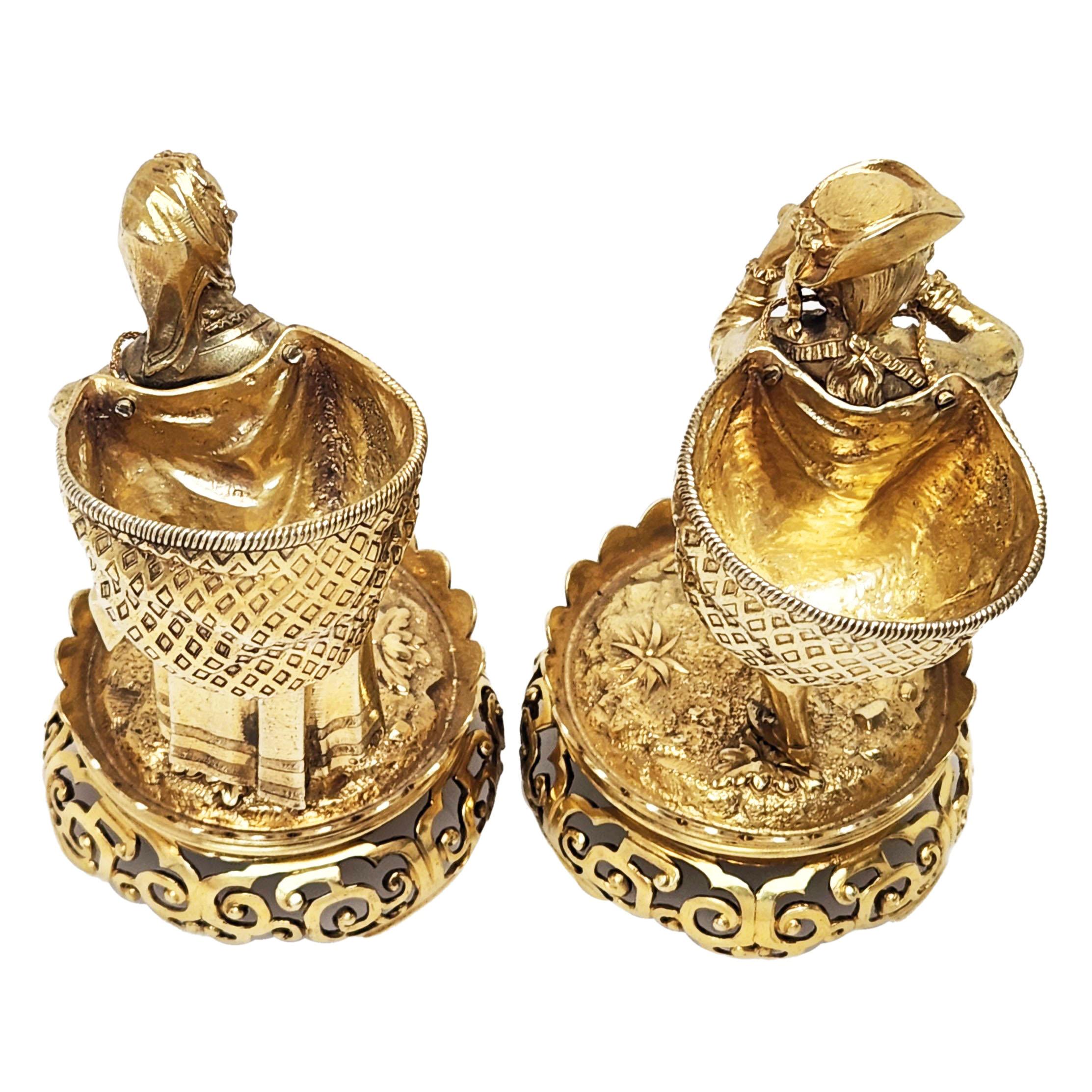 19th Century Pair Antique Victorian Sterling Silver Gilt Boy Girl Salts Sinch Pots 1873 For Sale