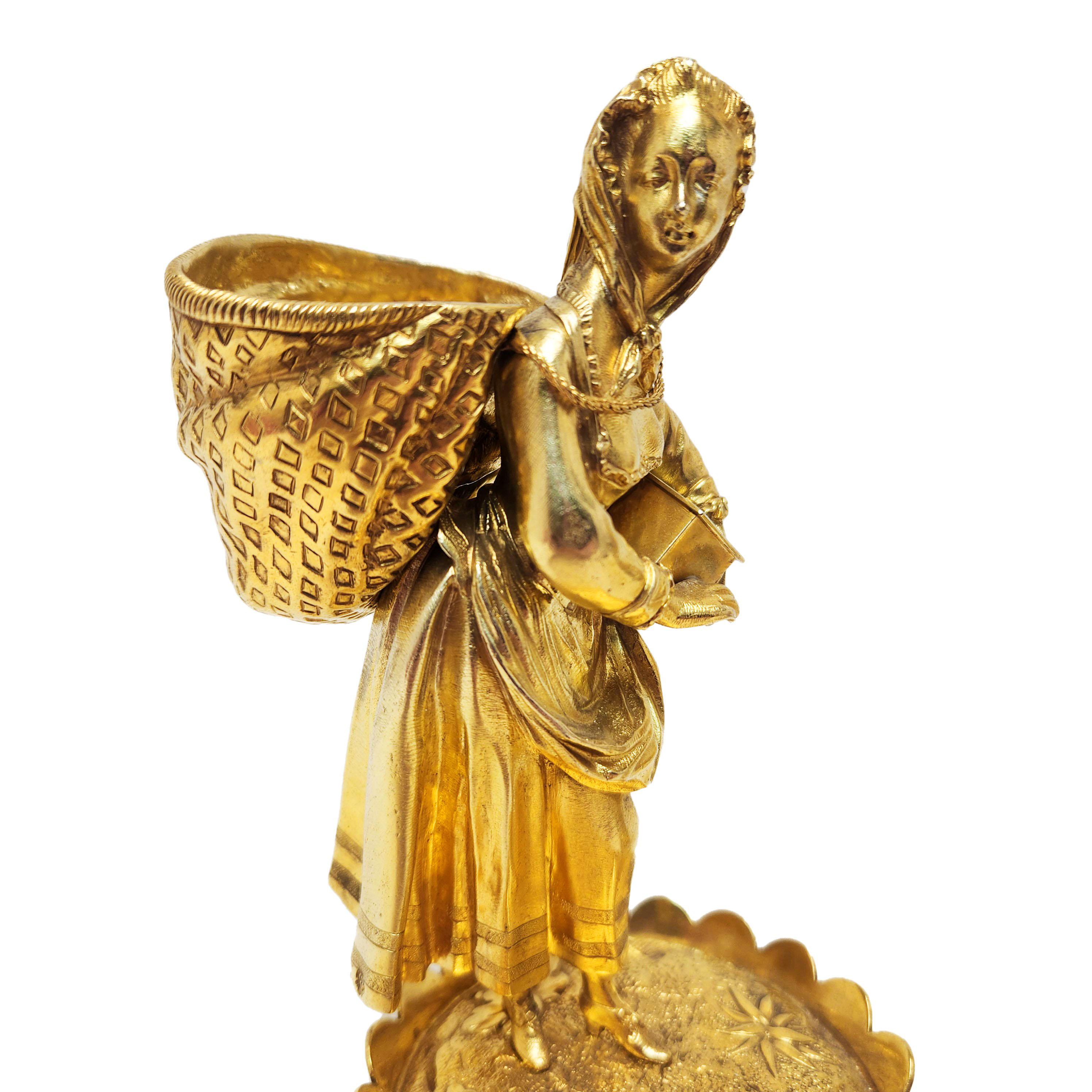 Argent sterling Paire d'anciens éviers de style victorien en argent sterling doré Boy Girl Salts Sinch Pots 1873 en vente