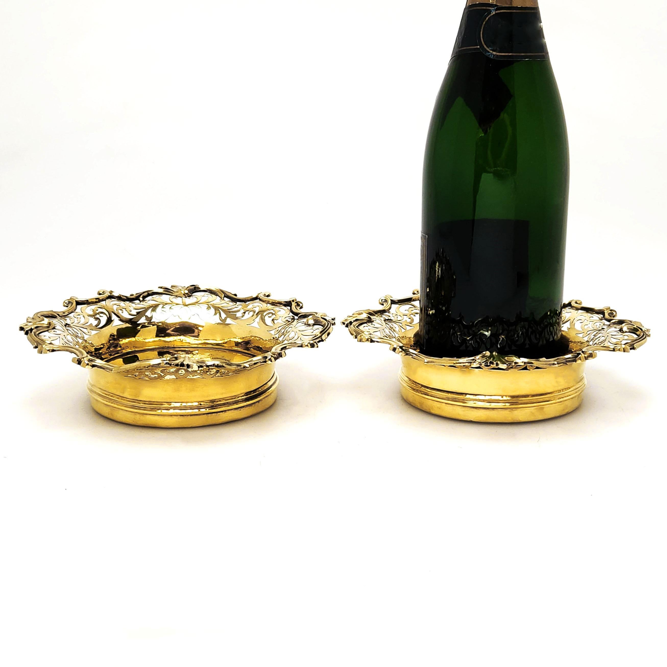 Pair Antique Victorian Sterling Silver Gilt Wine Bottle Coasters 1838 In Good Condition In London, GB
