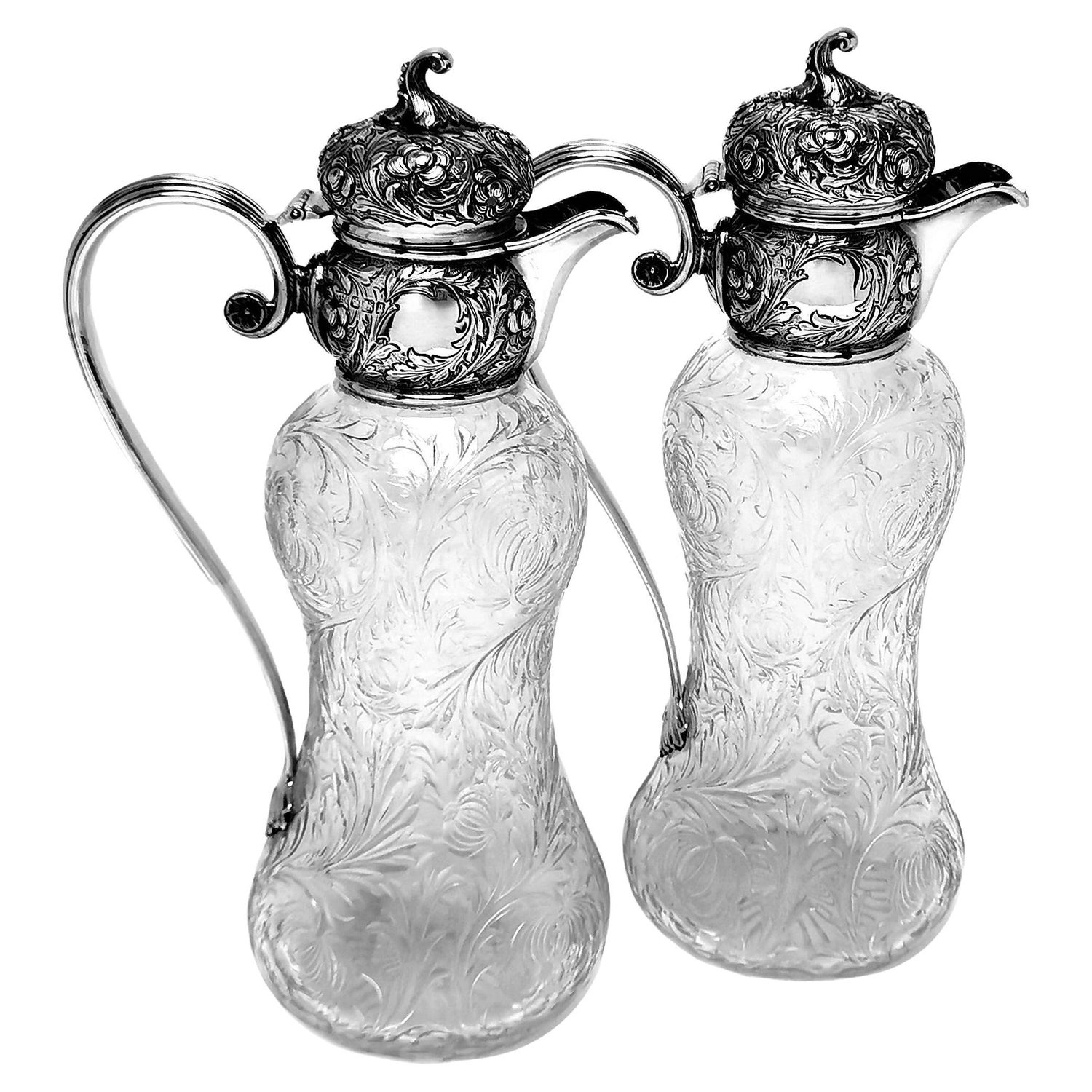 Pair Antique Victorian Sterling Silver & Glass Claret Jugs / Wine Decanters 1899