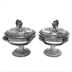 Pair Antique Victorian Sterling Silver Tureens / Lidded Dishes 1868