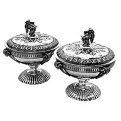 Pair Antique Victorian Sterling Silver Tureens / Lidded Dishes 1868