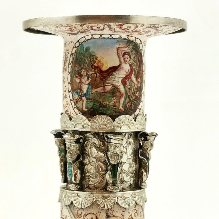 Pair of Antique Viennese Enamel & Silver Candlesticks circa 1870 Vienna, Austria For Sale 9
