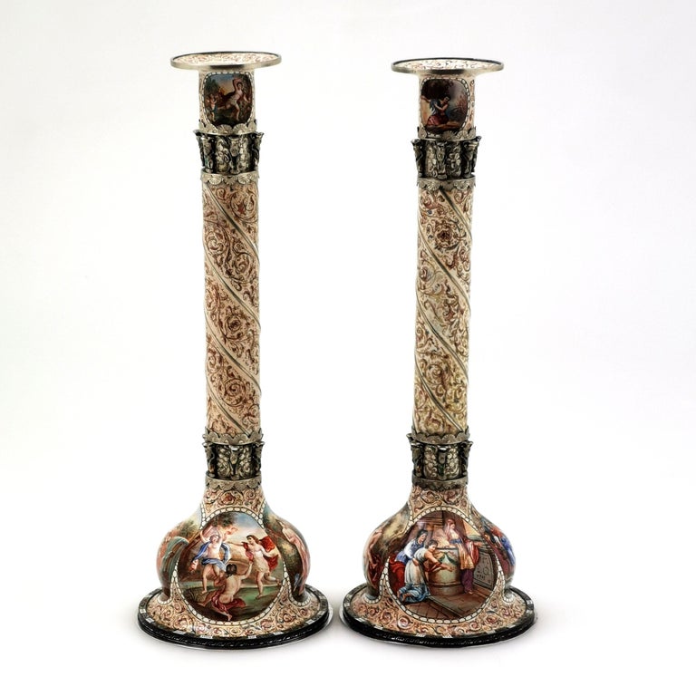 Austrian Pair of Antique Viennese Enamel & Silver Candlesticks circa 1870 Vienna, Austria For Sale