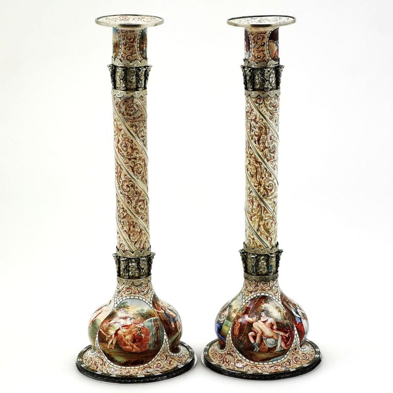 Pair of Antique Viennese Enamel & Silver Candlesticks circa 1870 Vienna, Austria In Good Condition For Sale In London, GB
