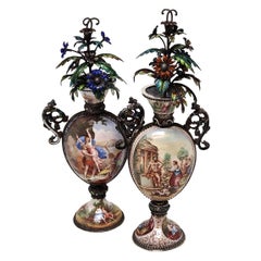 Pair Antique Viennese Enamel & Silver Vases with Enamel Flowers c. 1880 Austria
