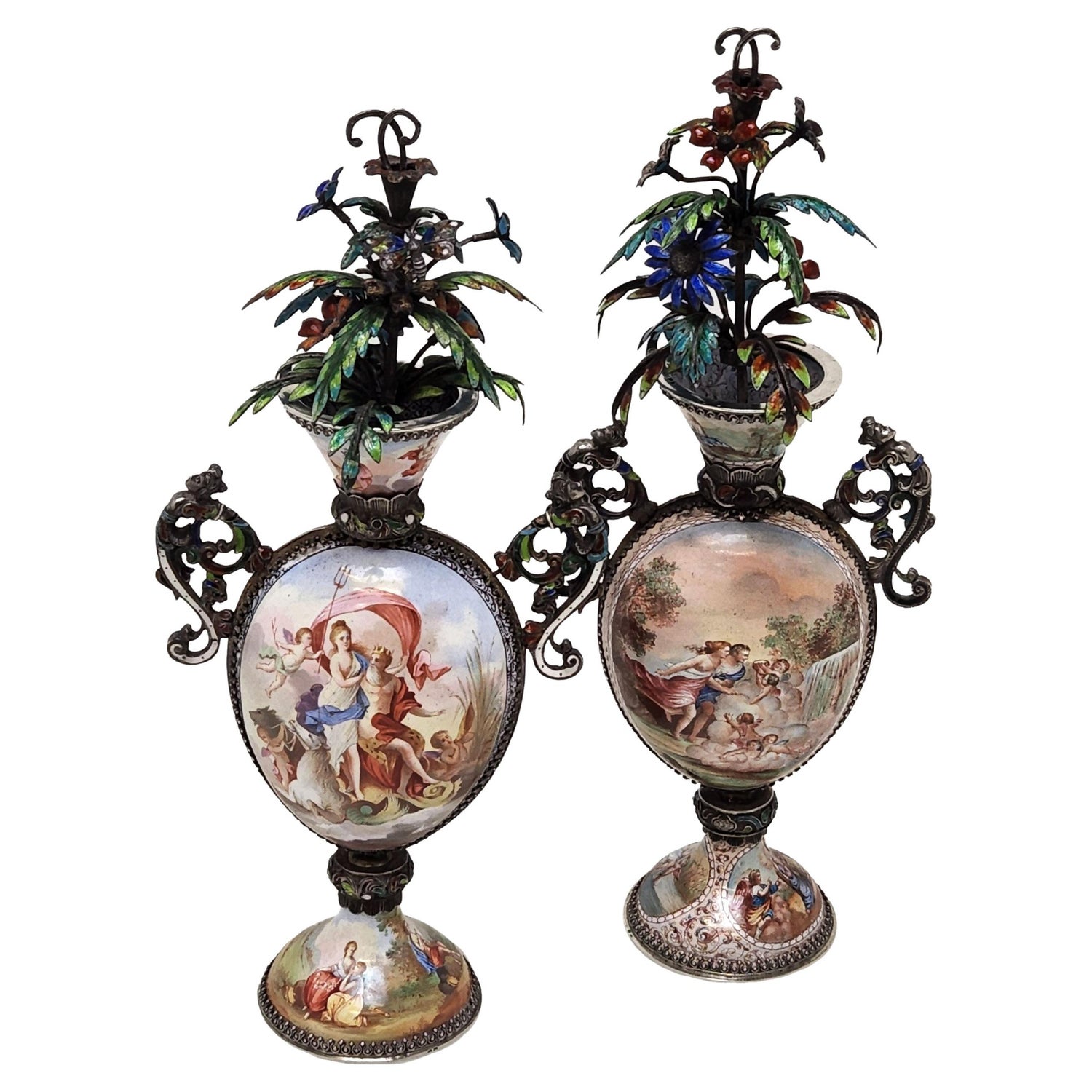 Pair Antique Viennese Enamel & Silver Vases with Enamel Flowers c. 1880 Austria