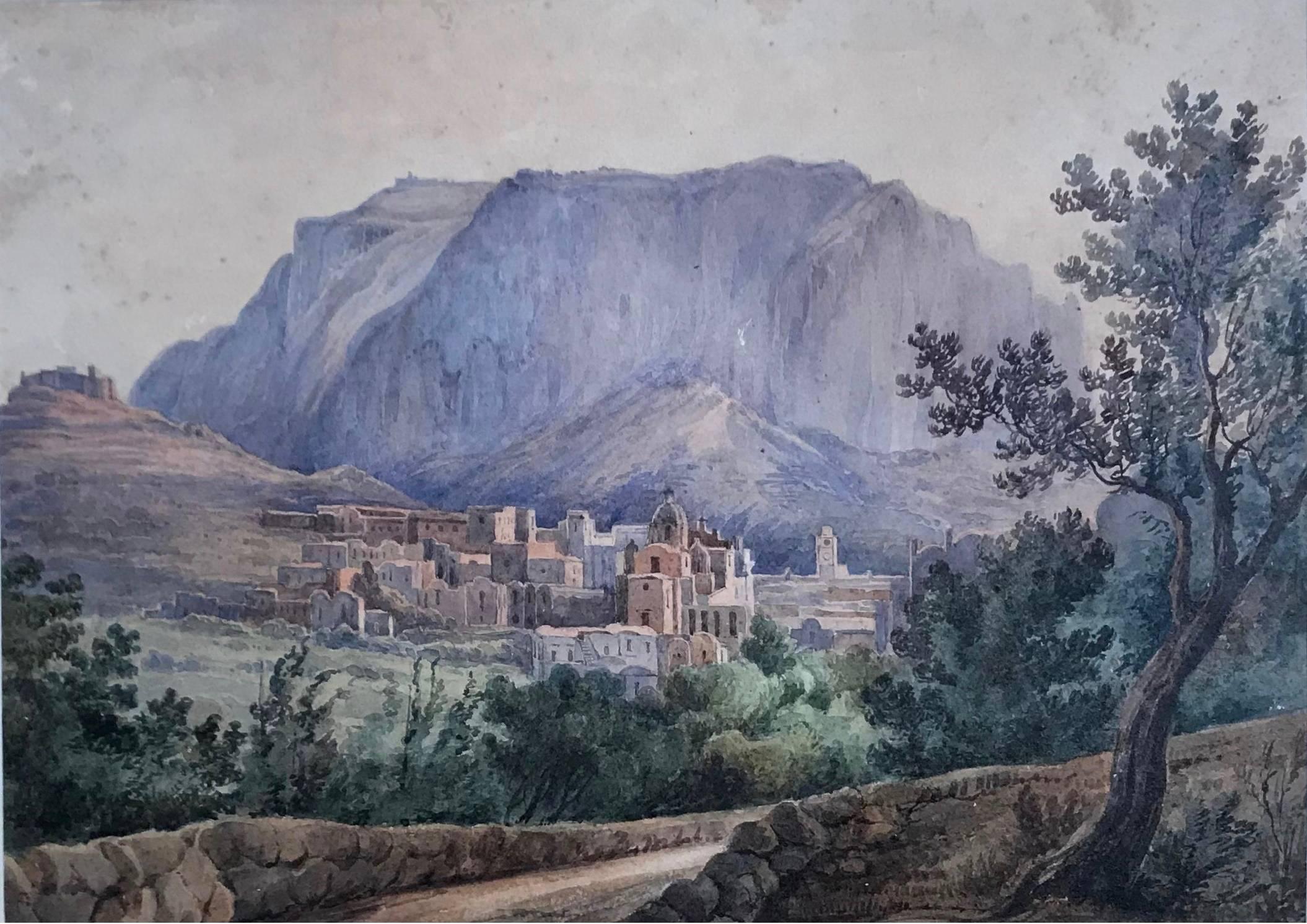 Pair antique views of Capri Pair gold-framed French watercolor views of Capri entitled, 