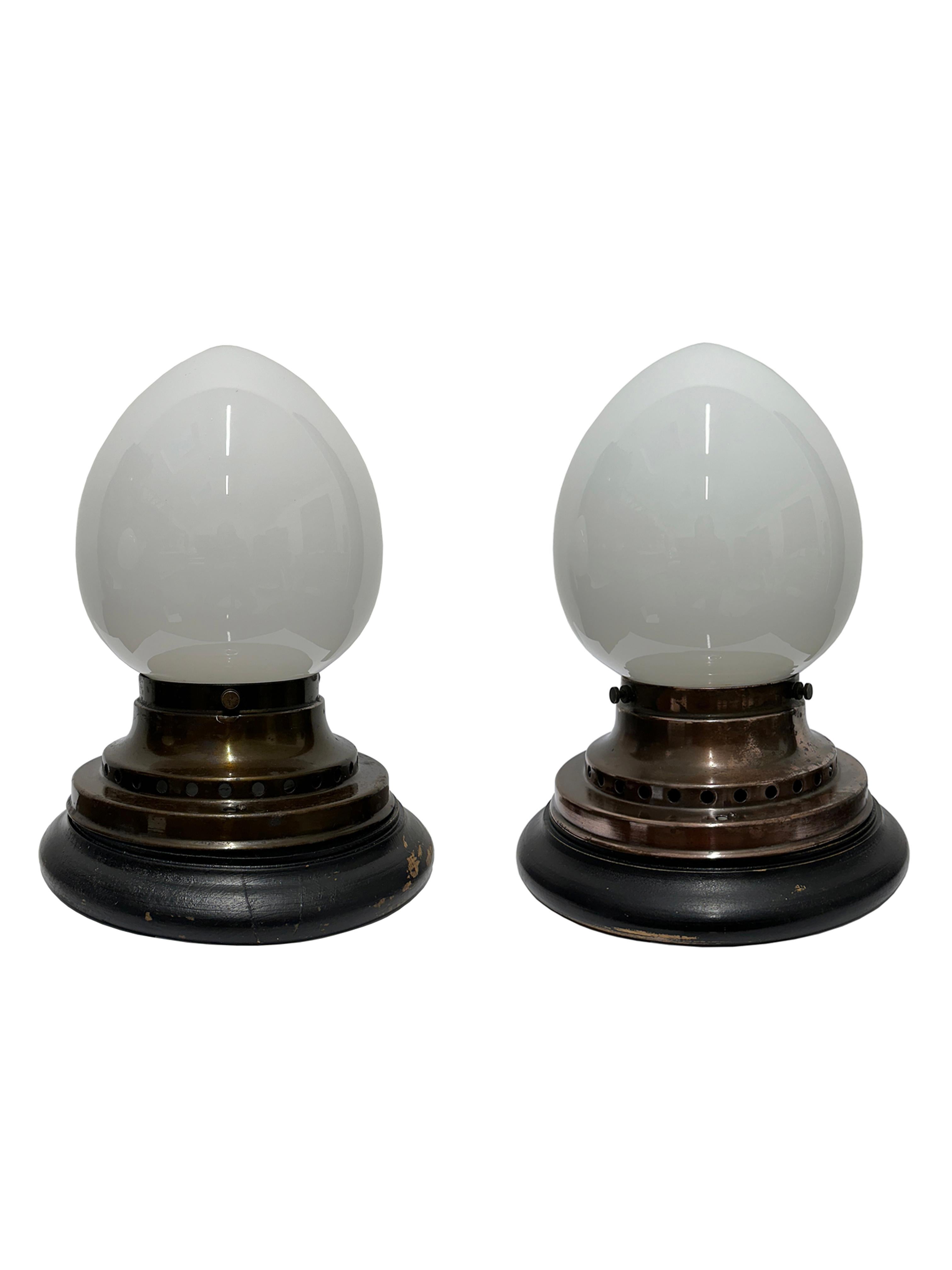 German Pair Antique Vintage Bauhaus Kandem Opaline Glass Flush Mounted Pendant Lights