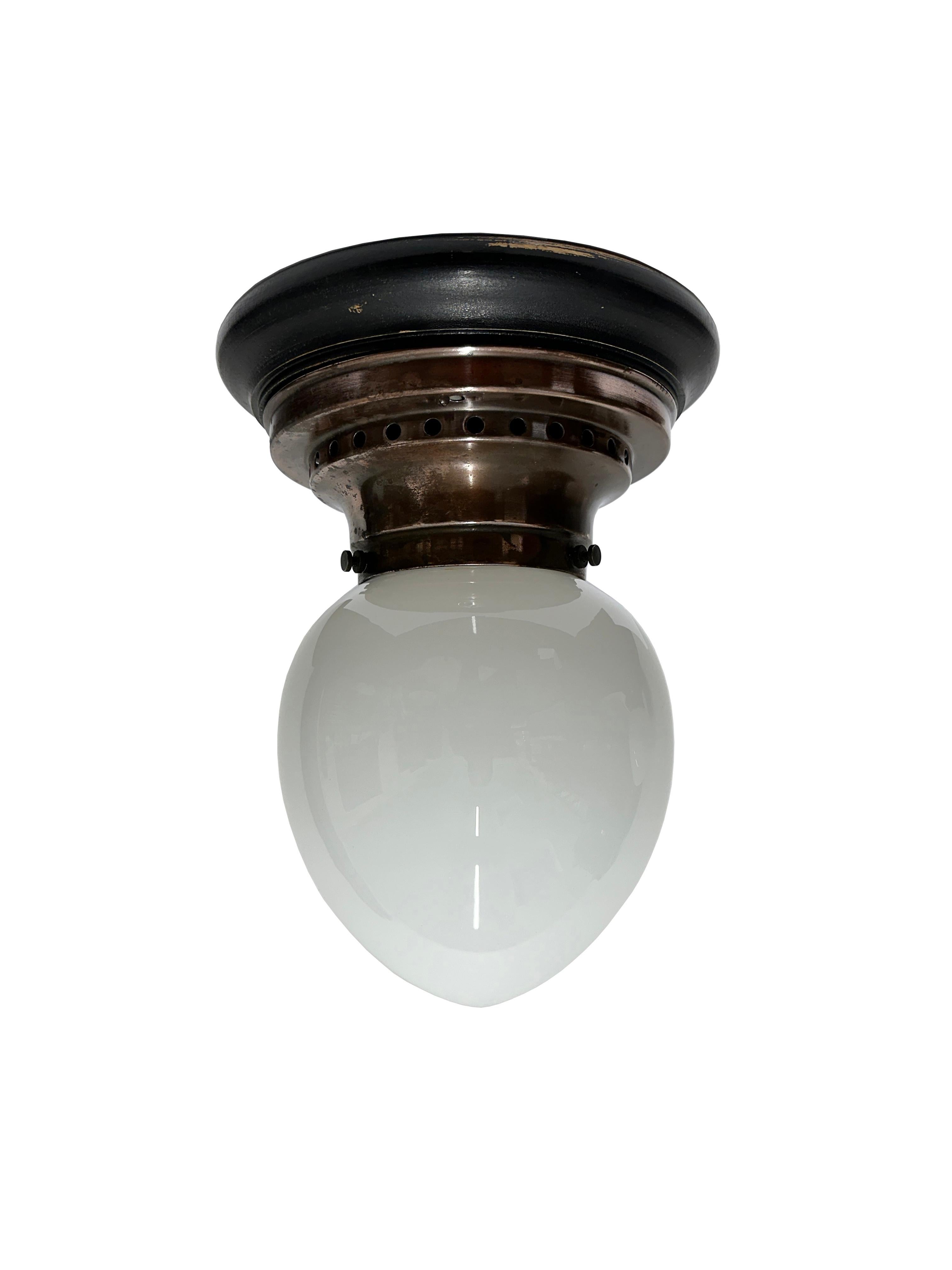 20th Century Pair Antique Vintage Bauhaus Kandem Opaline Glass Flush Mounted Pendant Lights