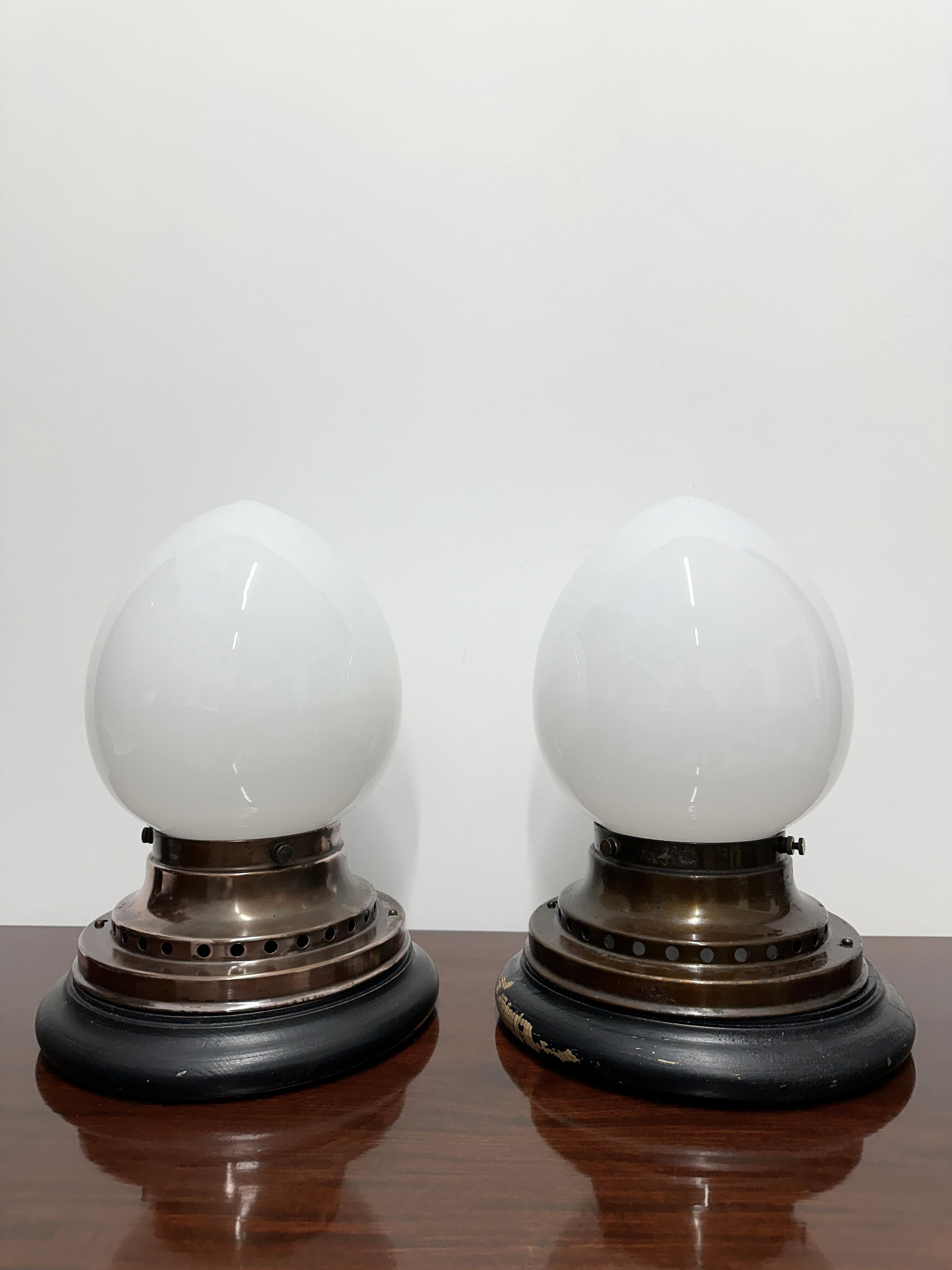 Pair Antique Vintage Bauhaus Kandem Opaline Glass Flush Mounted Pendant Lights 1