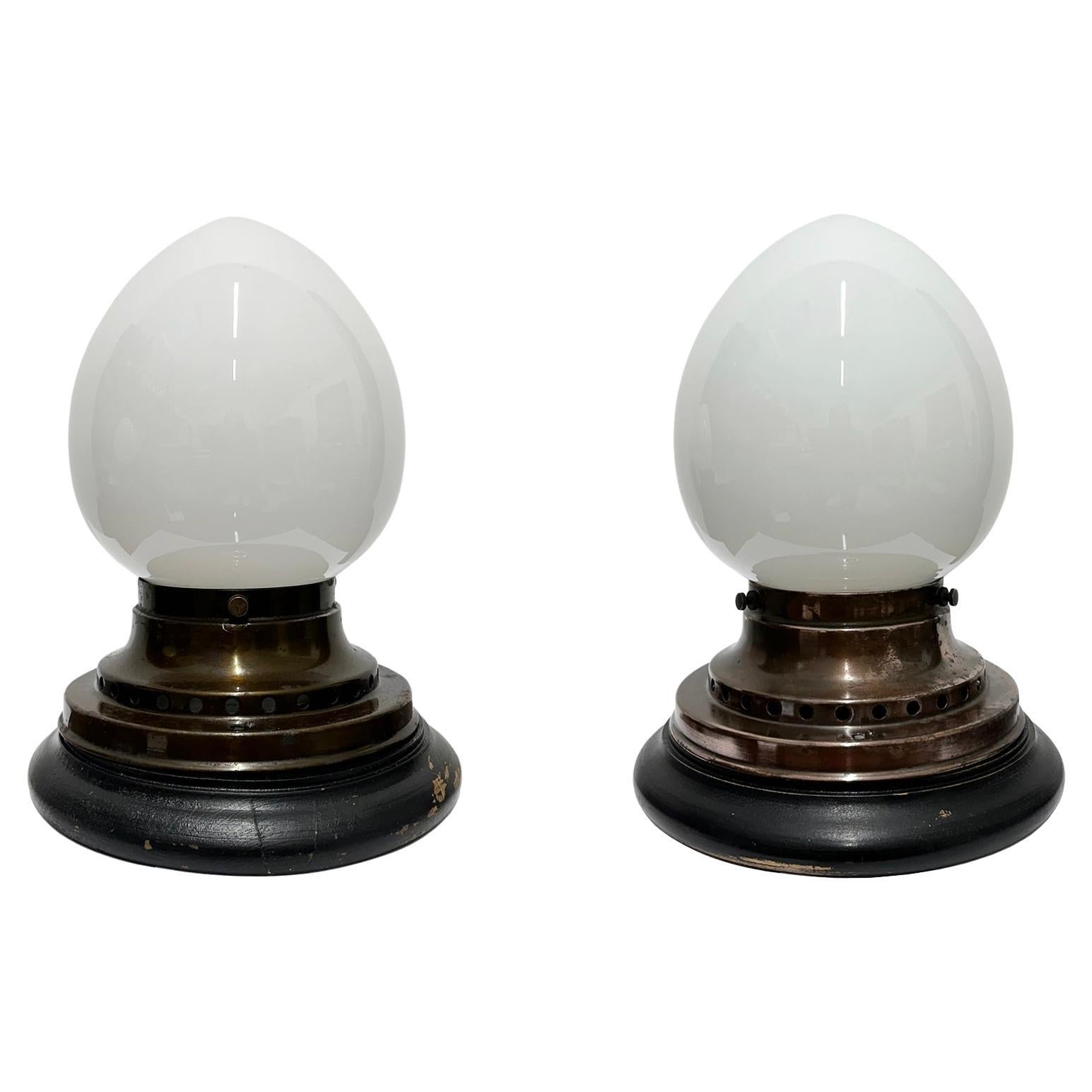Pair Antique Vintage Bauhaus Kandem Opaline Glass Flush Mounted Pendant Lights