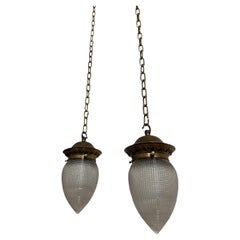 Pair Antique Vintage Brass Teardrop Church Holophane Ceiling Pendants Light Lamp