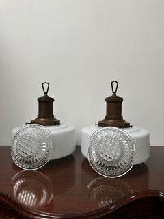 Pair Antique Vintage Church Diffused Opaline Milk Glass Ceiling Pendants Light