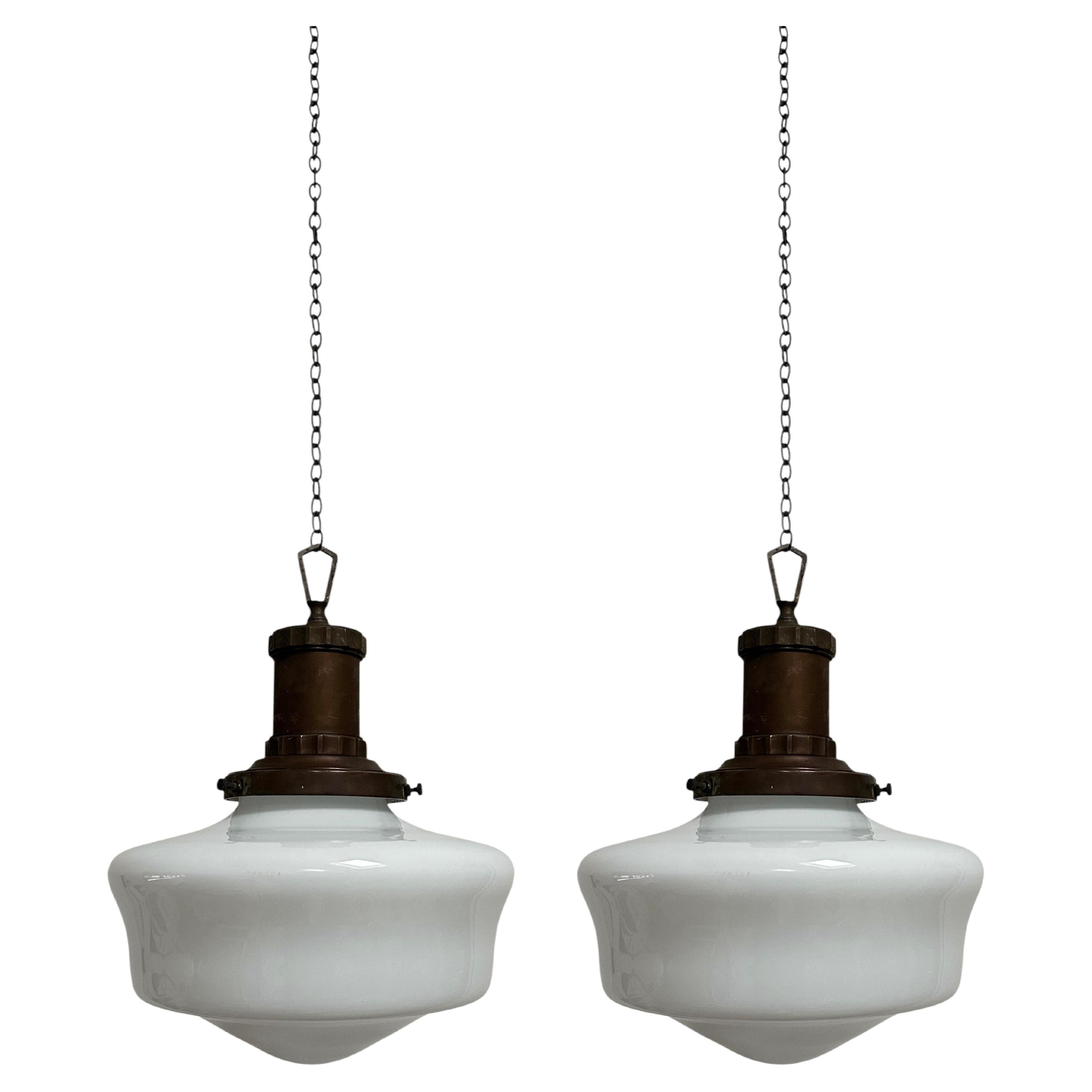 Pair Antique Vintage Church Opaline Milk Glass Ceiling Pendants Light By Morco