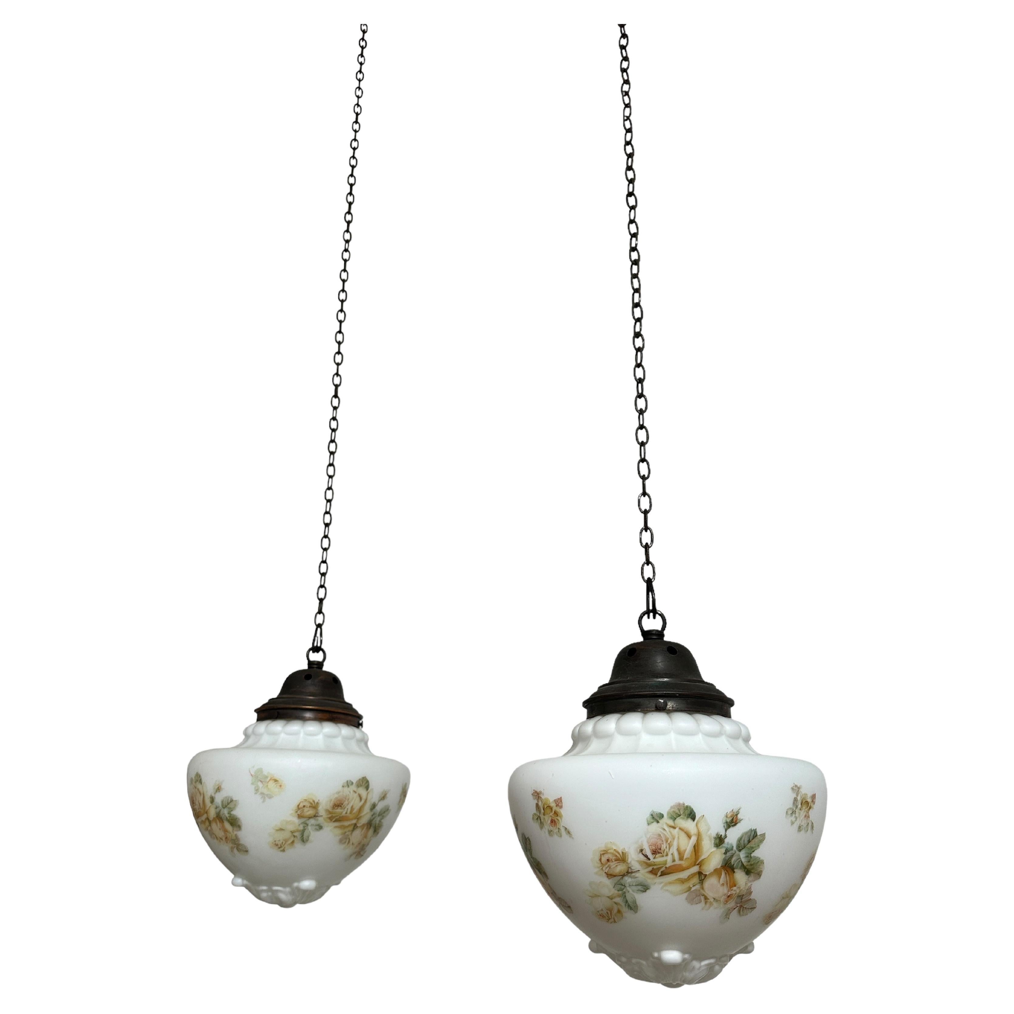 Pair Antique Vintage Edwardian Satin Opaline Milk Glass Ceiling Pendants Light