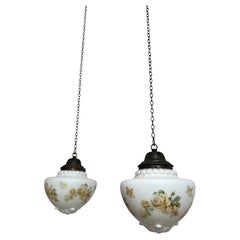Pair Antique Vintage Edwardian Satin Opaline Milk Glass Ceiling Pendants Light