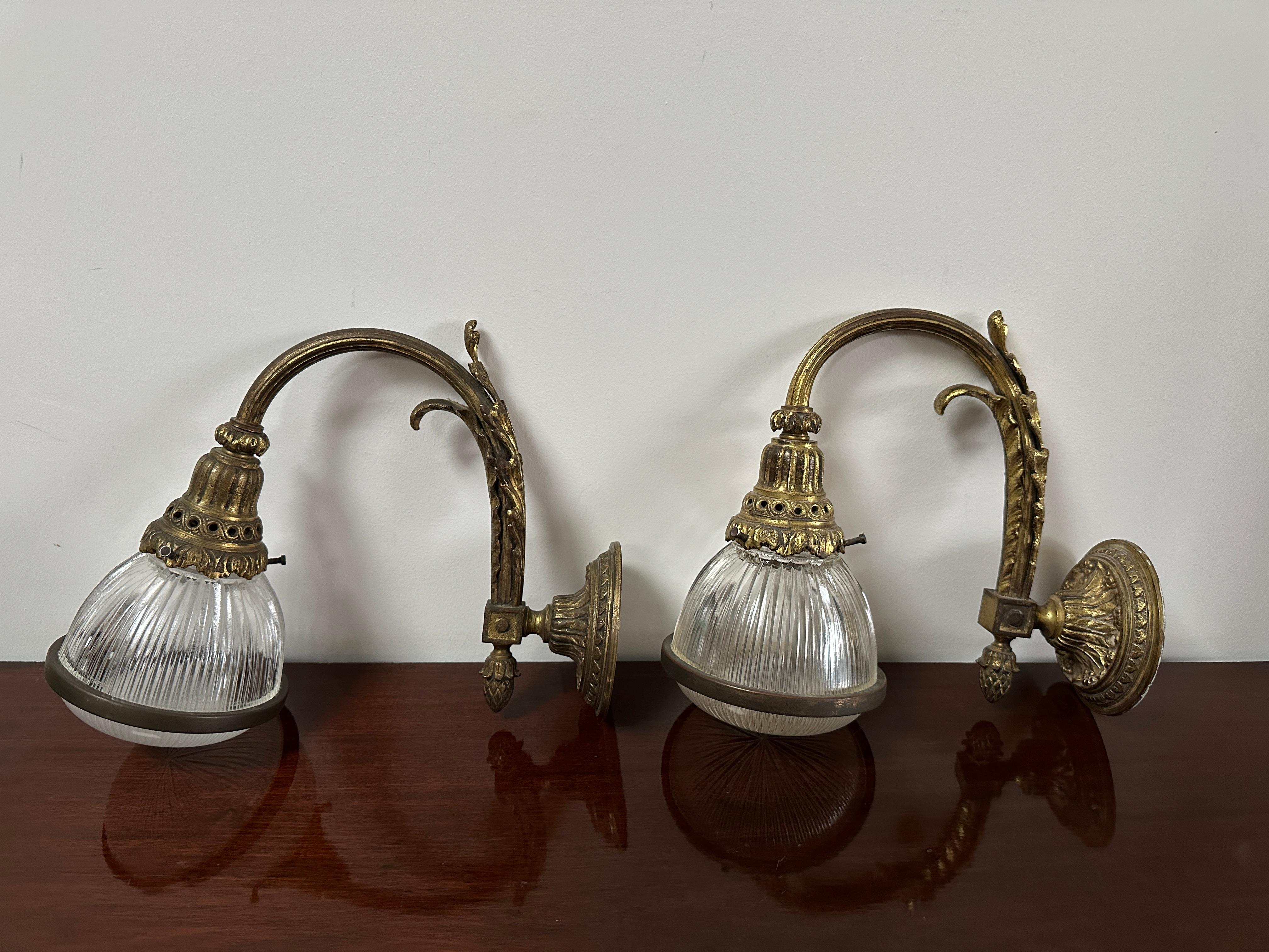 Pair Antique Vintage French Caged Gilt Bronze Holophane Wall Light Lamp Sconces For Sale 1