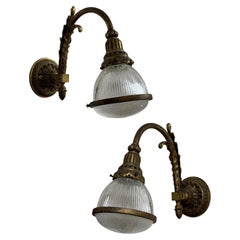 Pair Antique Vintage French Caged Gilt Bronze Holophane Wall Light Lamp Sconces