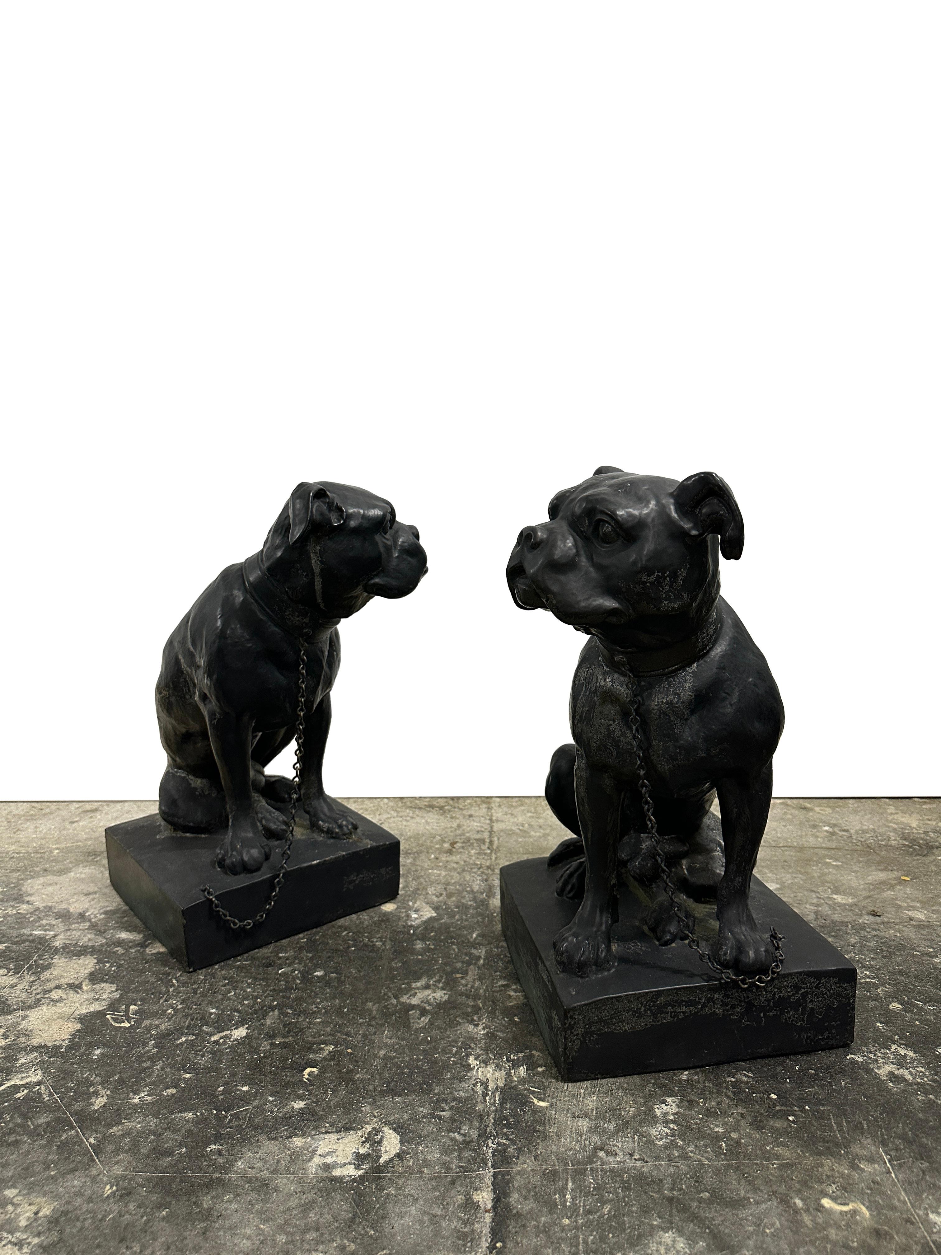 Pair Antique Vintage French Cast Iron Bronze Bulldogs Animal Statue Sculpture In Good Condition In Sale, GB