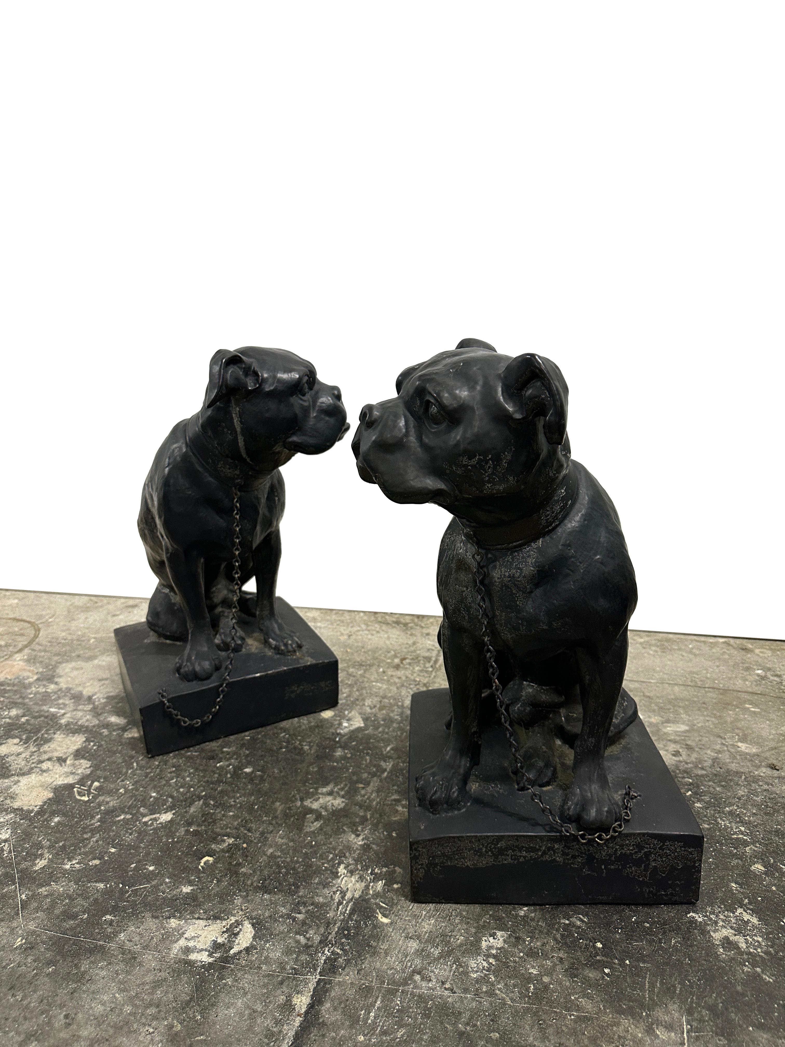 20th Century Pair Antique Vintage French Cast Iron Bronze Bulldogs Animal Statue Sculpture