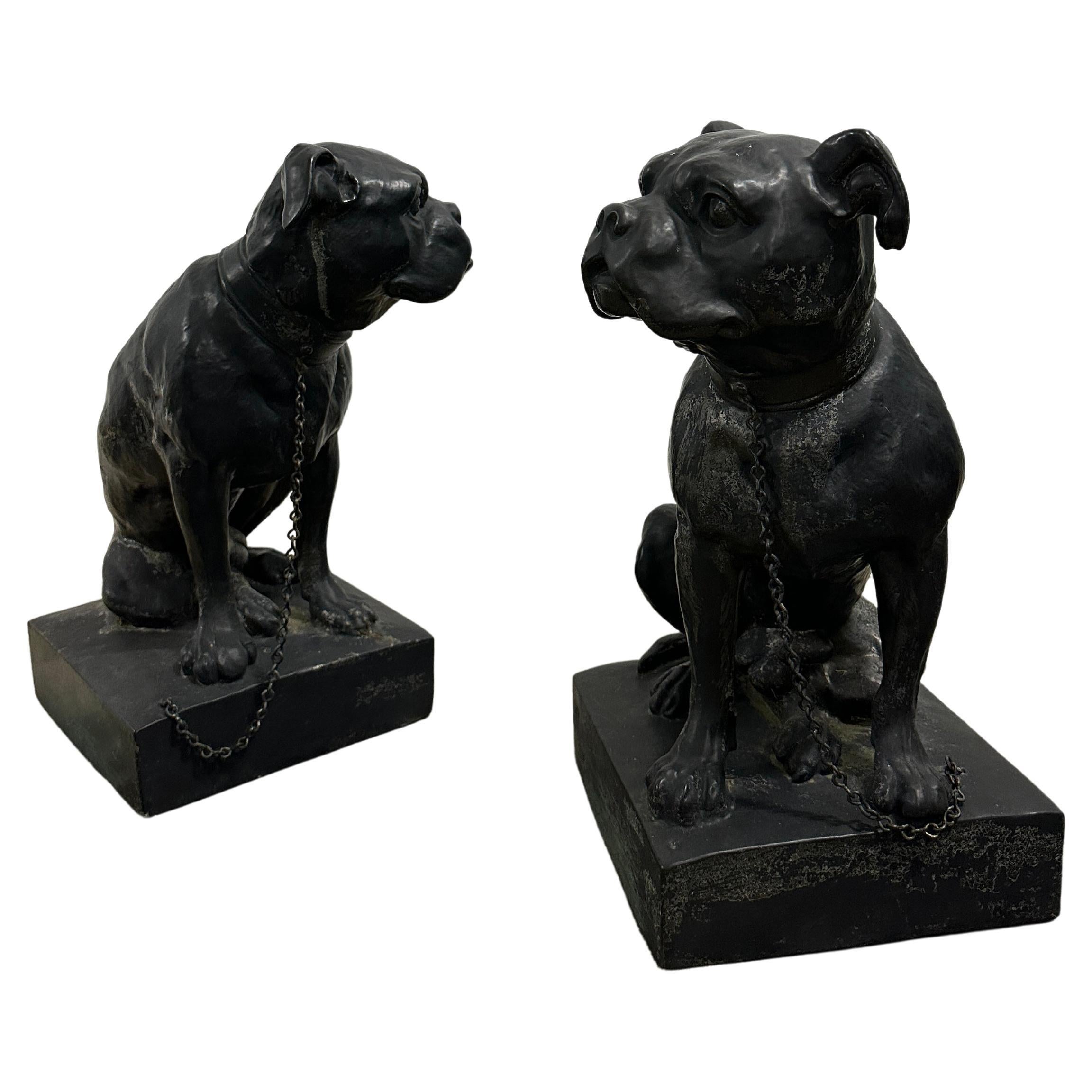 Pair Antique Vintage French Cast Iron Bronze Bulldogs Animal Statue Sculpture
