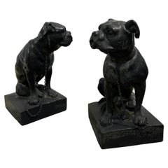 Pair Vintage Vintage French Cast Iron Bronze Bulldogs Animal Statue Sculpture