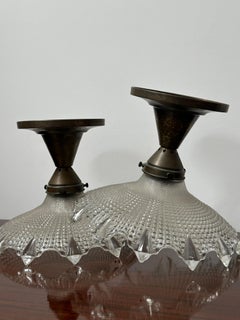 Pair Antique Vintage French Holophane Flush Mounted Glass Ceiling Pendants Light