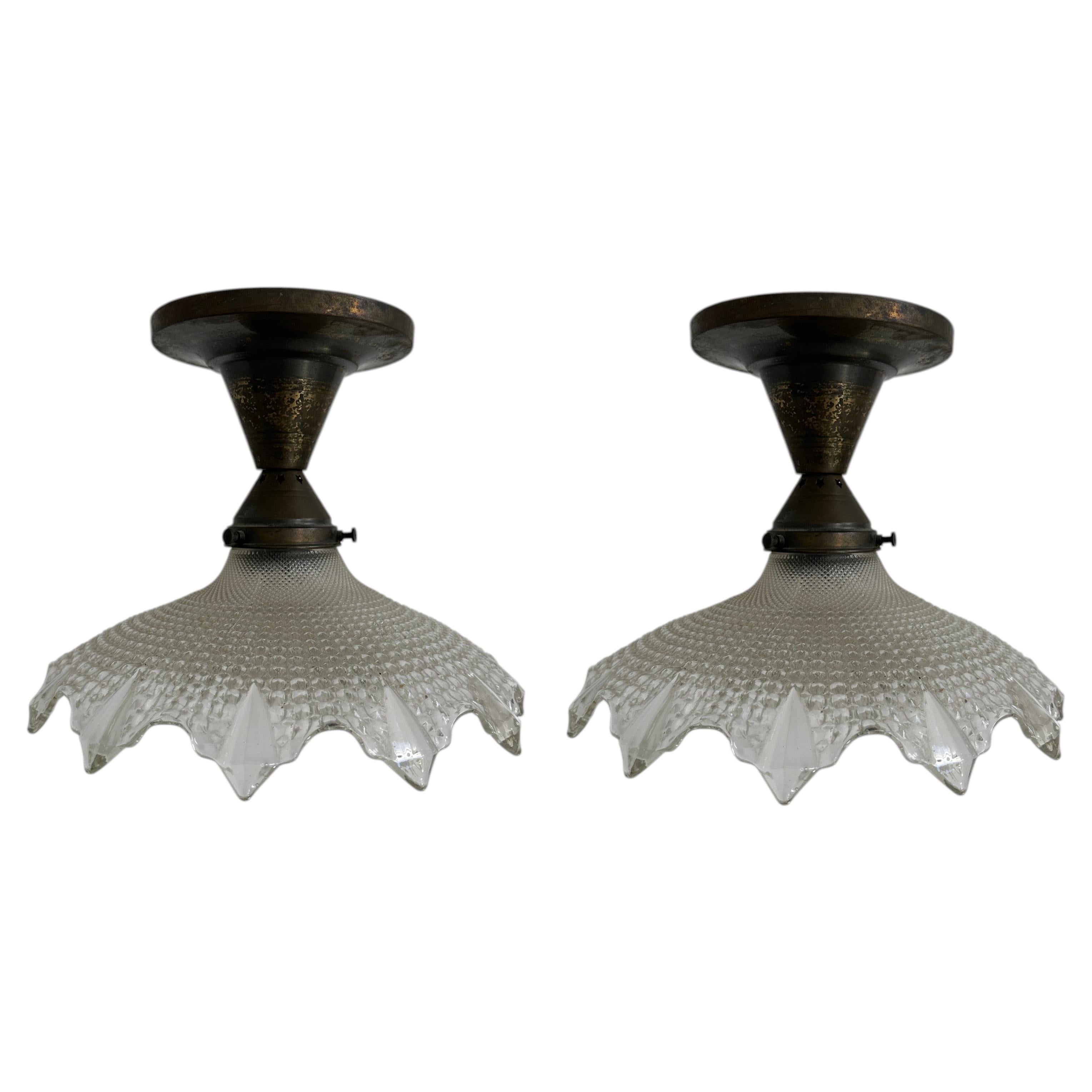 Pair Antique Vintage French Holophane Flush Mounted Glass Ceiling Pendants Light For Sale