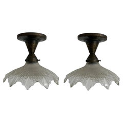 Pair Antique Vintage French Holophane Flush Mounted Glass Ceiling Pendants Light
