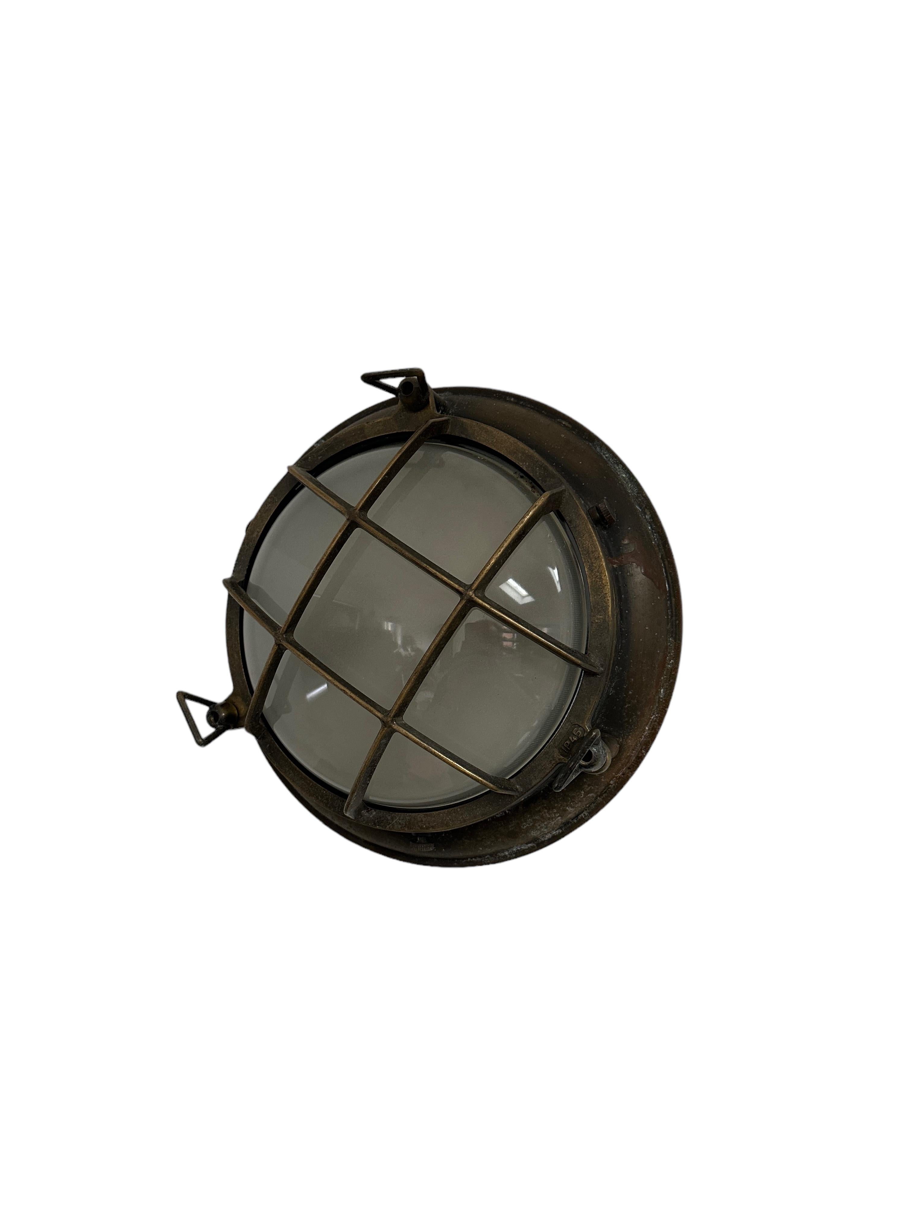 British Pair Antique Vintage Industrial Brass Convex Glass Military Maritime Wall Light For Sale