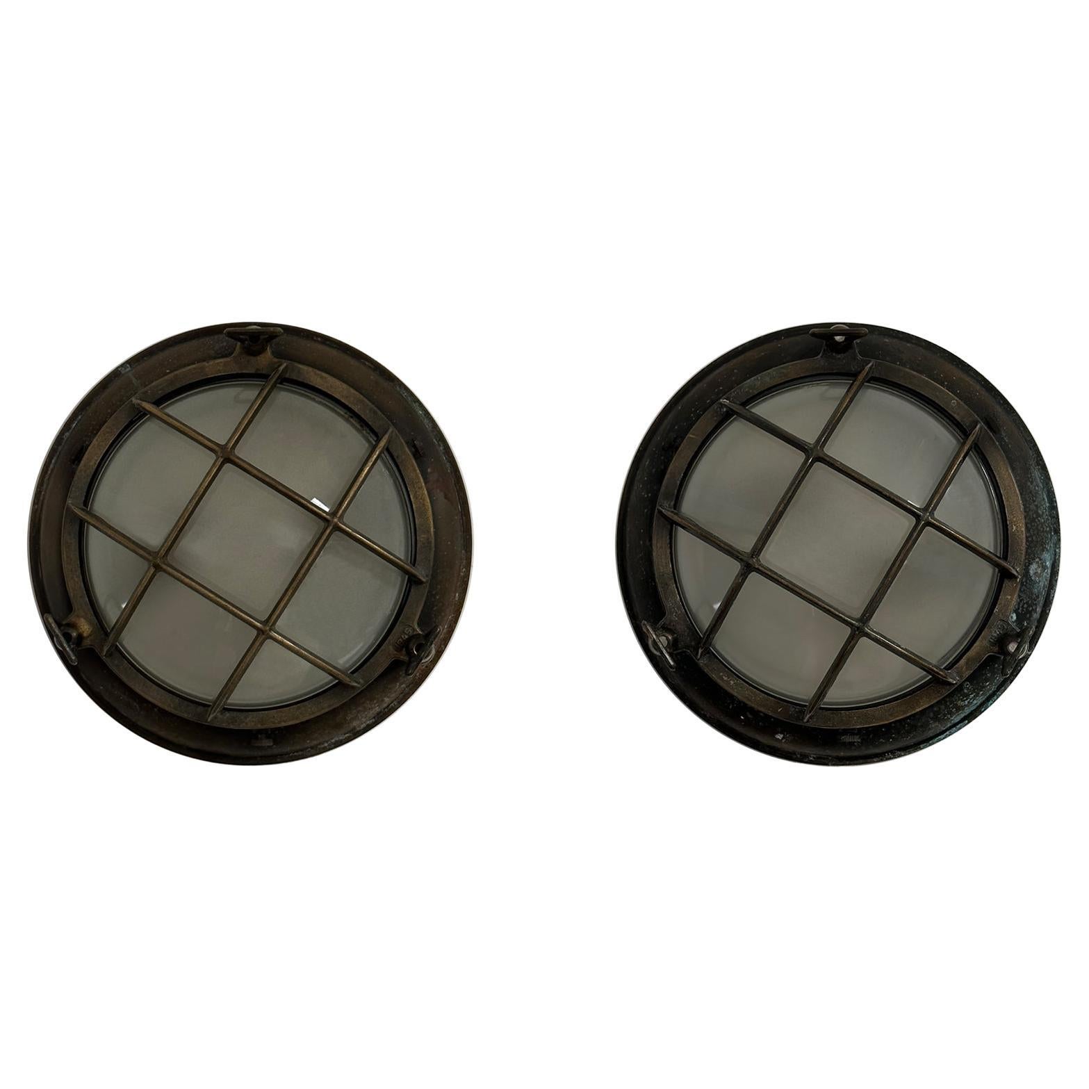 Pair Antique Vintage Industrial Brass Convex Glass Military Maritime Wall Light For Sale