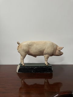 Pair Antique Vintage Painted Plaster Pig Animal Model Sculpture Figurine