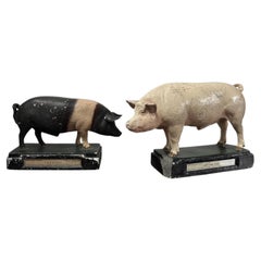 Pair Antique Vintage Painted Plaster Pig Animal Model Sculpture Figurine