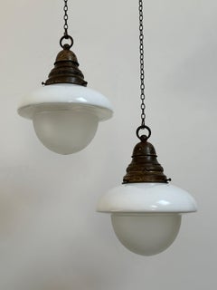 Pair Antique Vintage Two Tone Acorn Opaline Milk Glass Ceiling Pendant Light