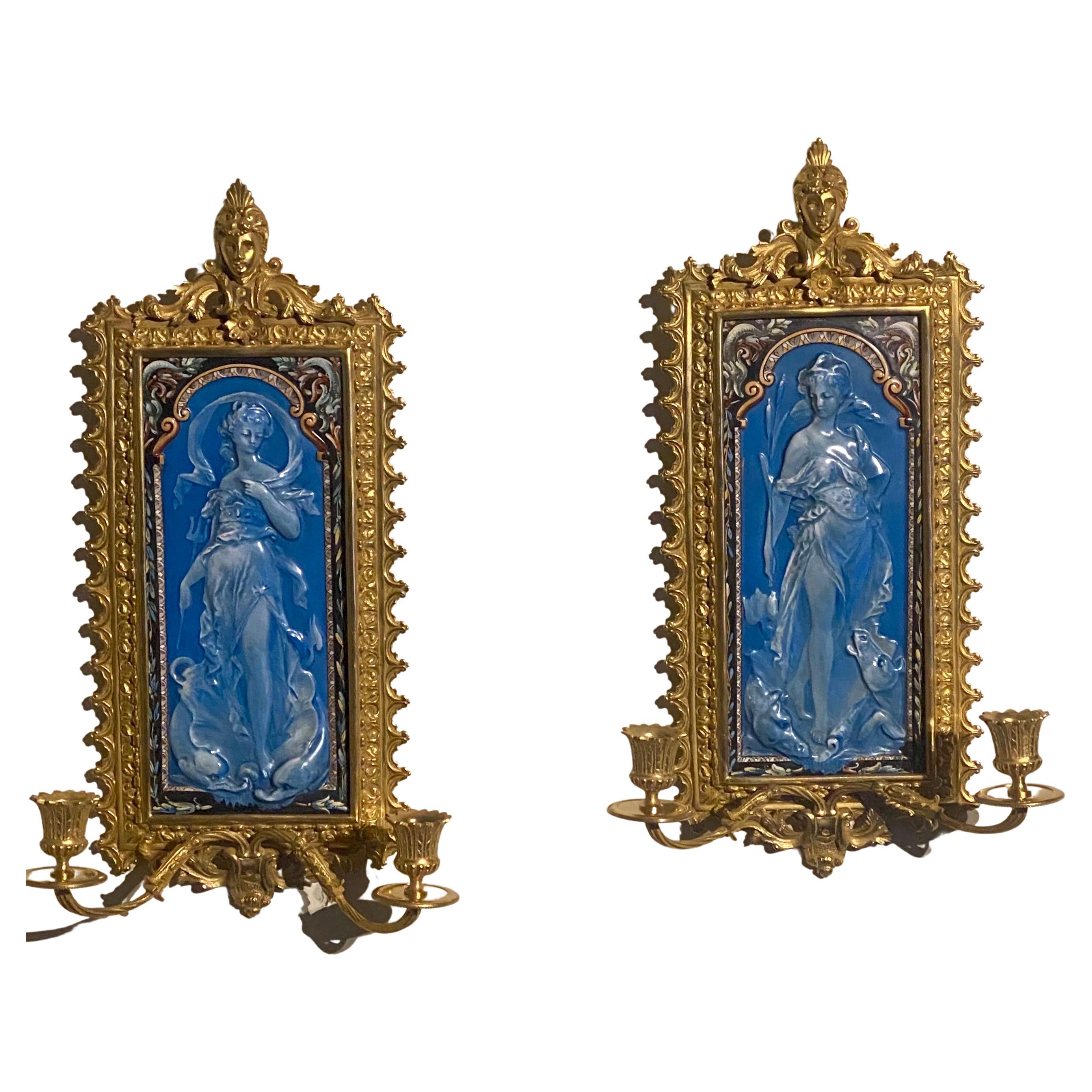 Pair Antique Wall Sconces Milliet & Cie Creil Montereau French Ceramic & Bronze For Sale 11