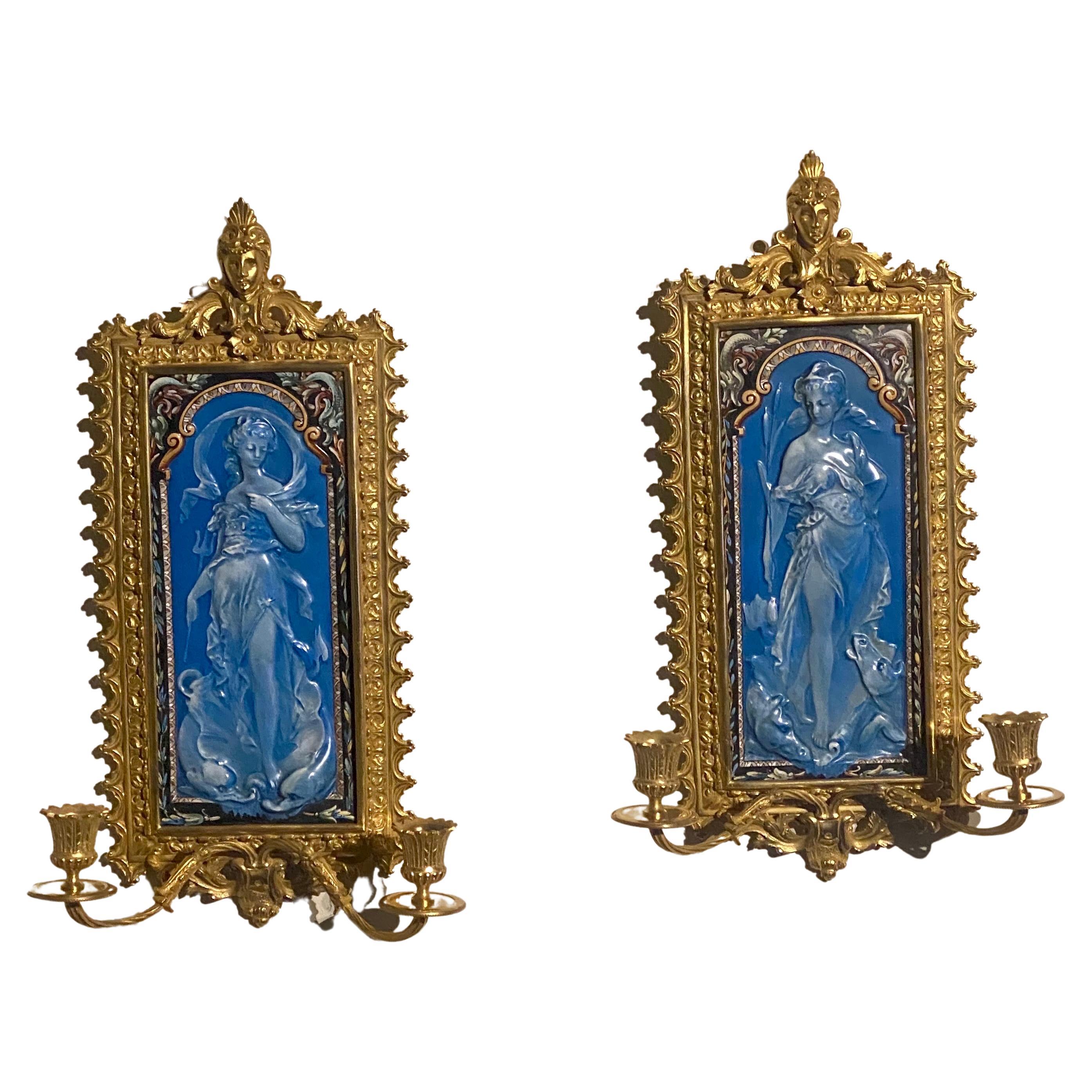 Pair Antique Wall Sconces Milliet & Cie Creil Montereau French Ceramic & Bronze For Sale