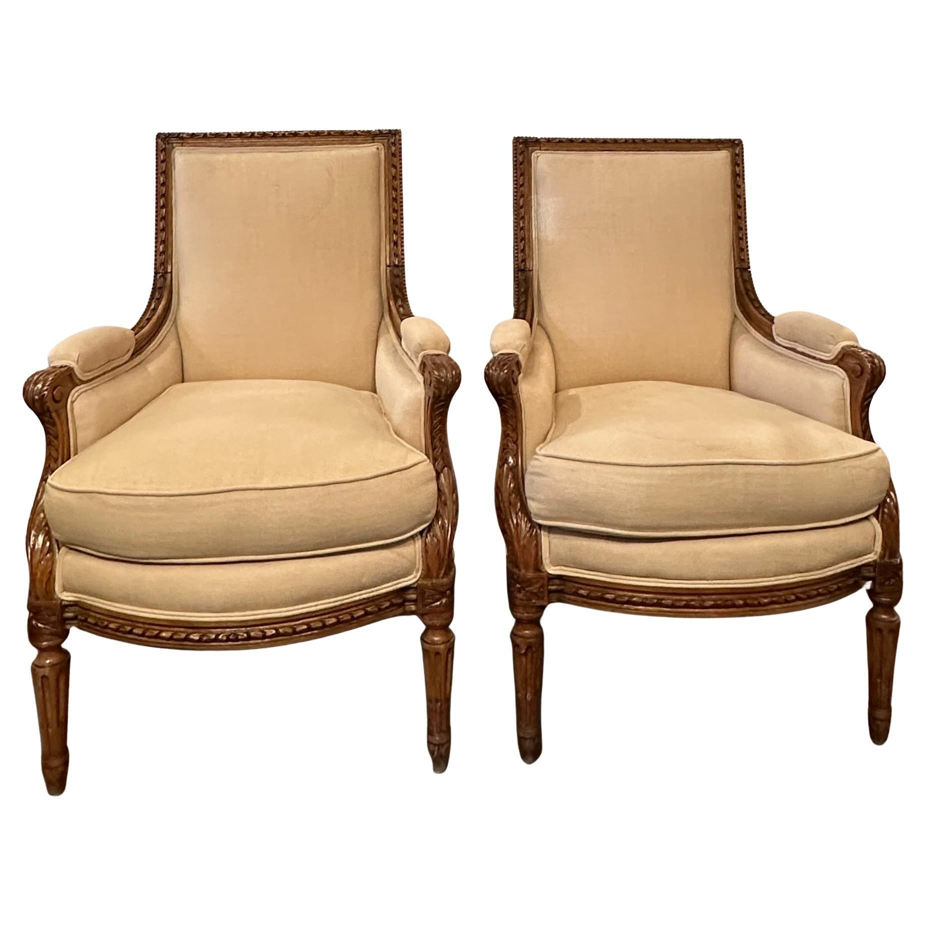 Milieu du XIXe siècle Paire de chaises anciennes en noyer de style Louis XVI Bergere en vente