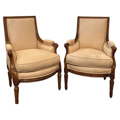Pair Antique Walnut Louis XVI Style Bergere Chairs