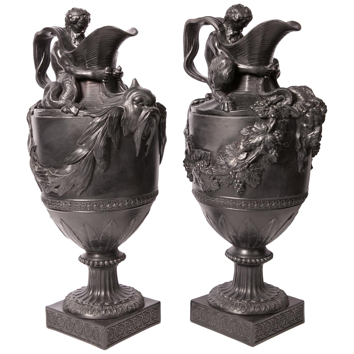 Pair Antique Wedgwood Black Basalt Ewers England circa 1840