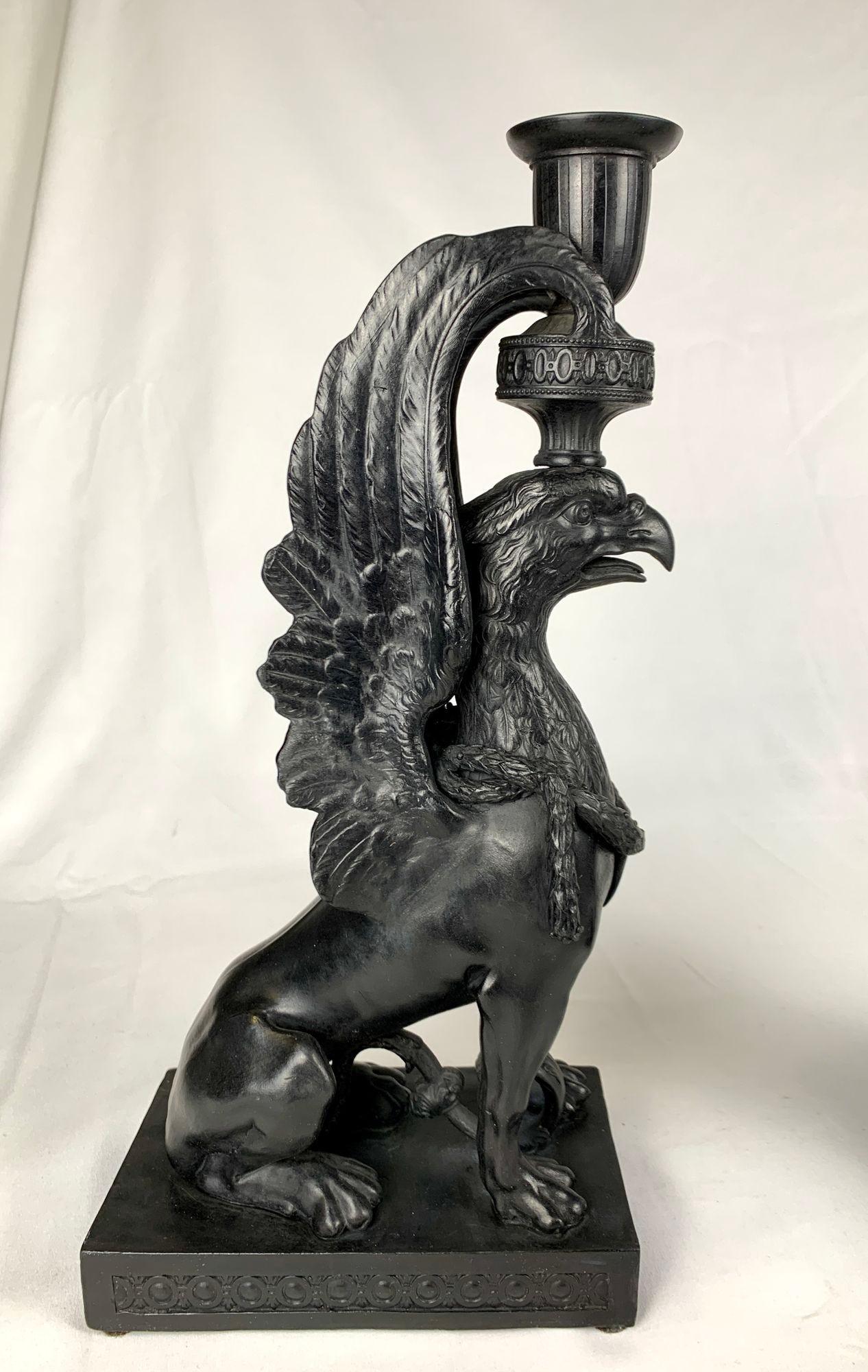 English Pair Antique Wedgwood Black Basalt Griffins England Circa 1865