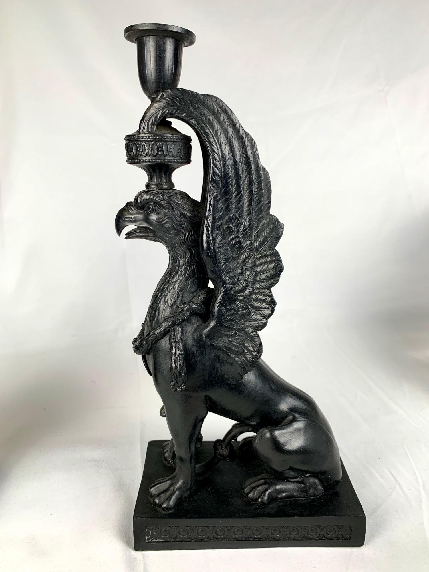 Molded Pair Antique Wedgwood Black Basalt Griffins England Circa 1865