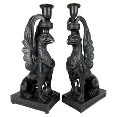 Pair Antique Wedgwood Black Basalt Griffins England Circa 1865