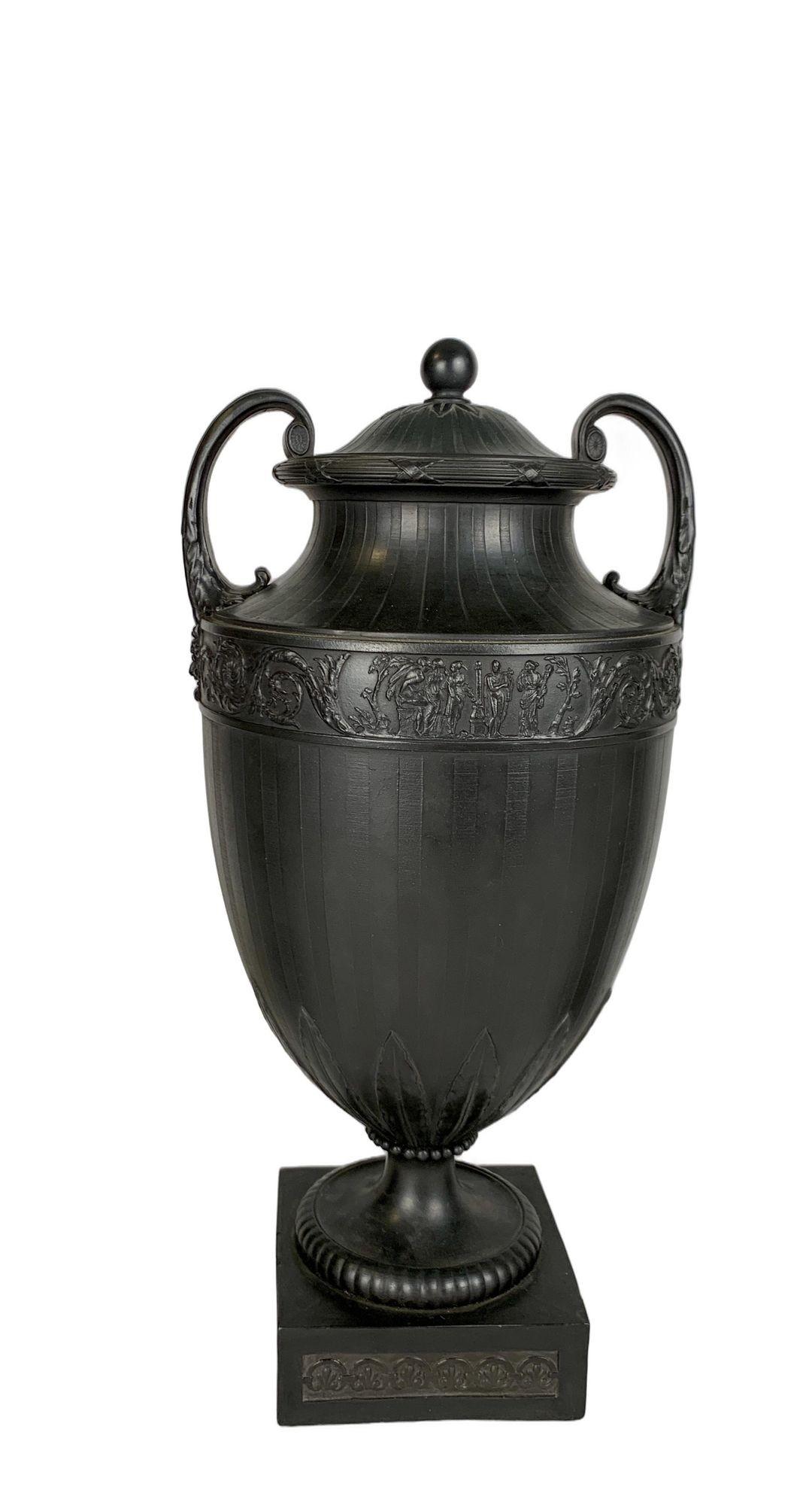 Neoclassical Pair Antique Wedgwood Black Basalt Griffins Flank a Wedgwood Black Basalt Jar