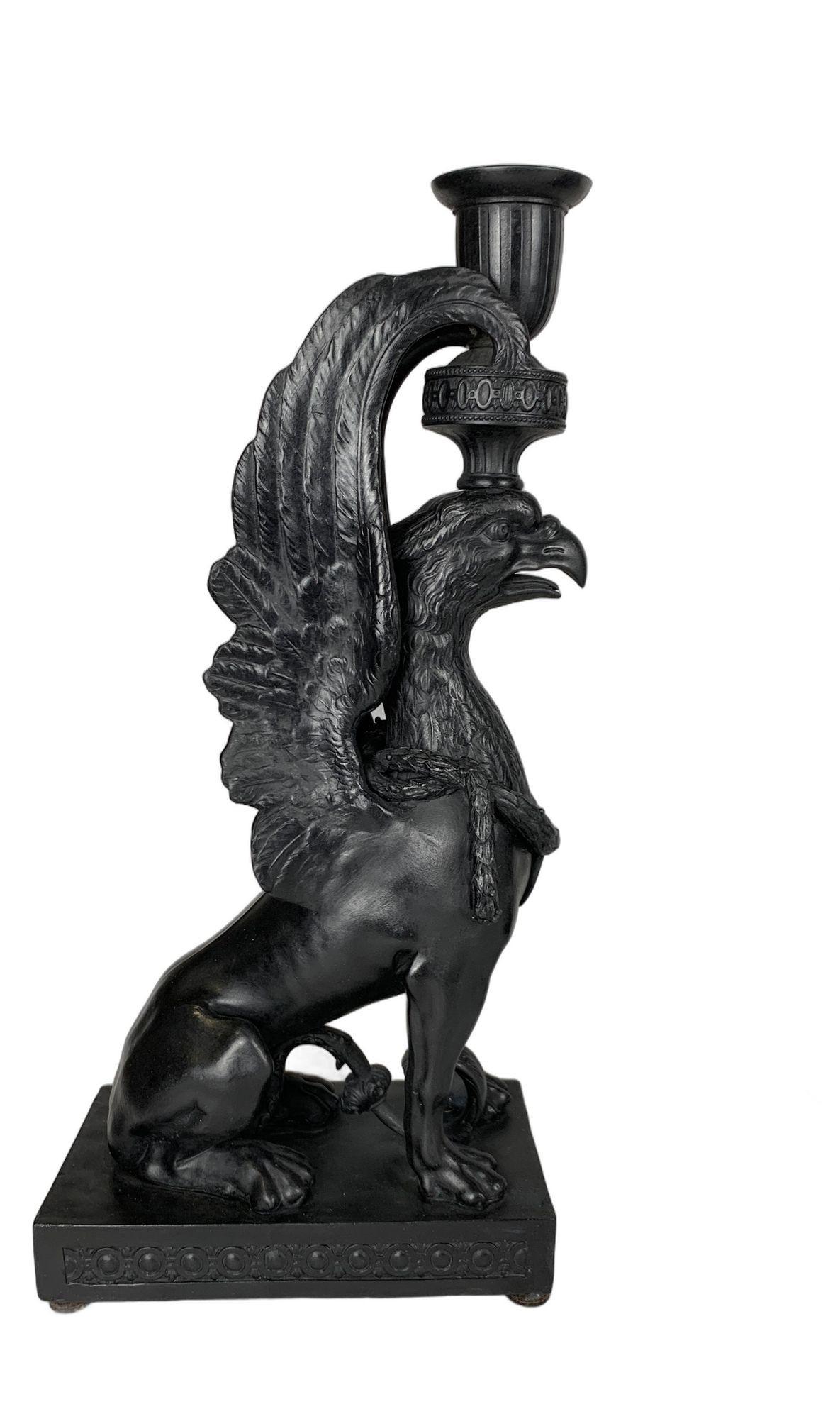 English Pair Antique Wedgwood Black Basalt Griffins Flank a Wedgwood Black Basalt Jar