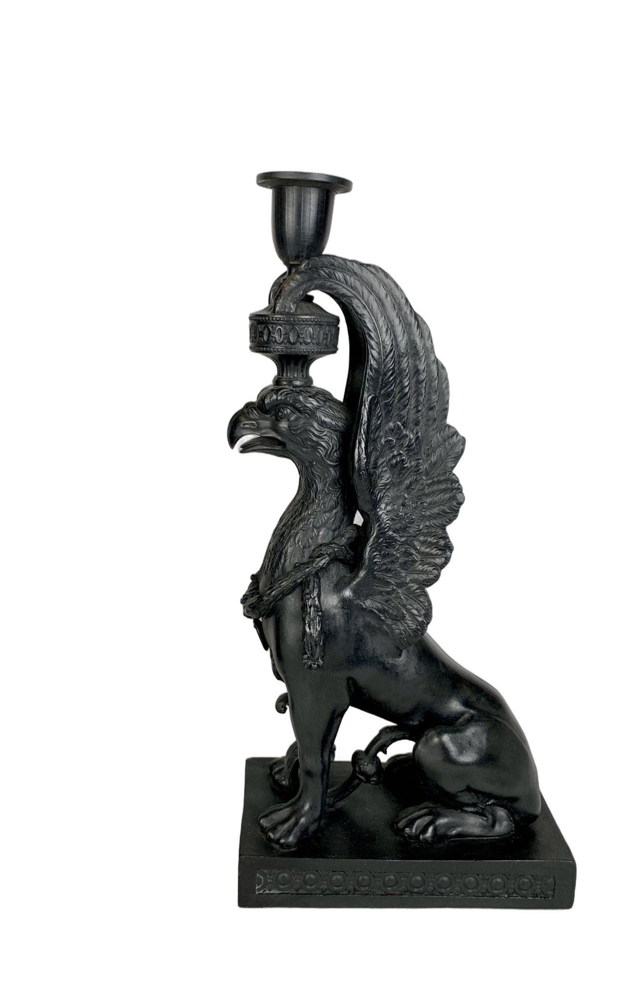 Molded Pair Antique Wedgwood Black Basalt Griffins Flank a Wedgwood Black Basalt Jar
