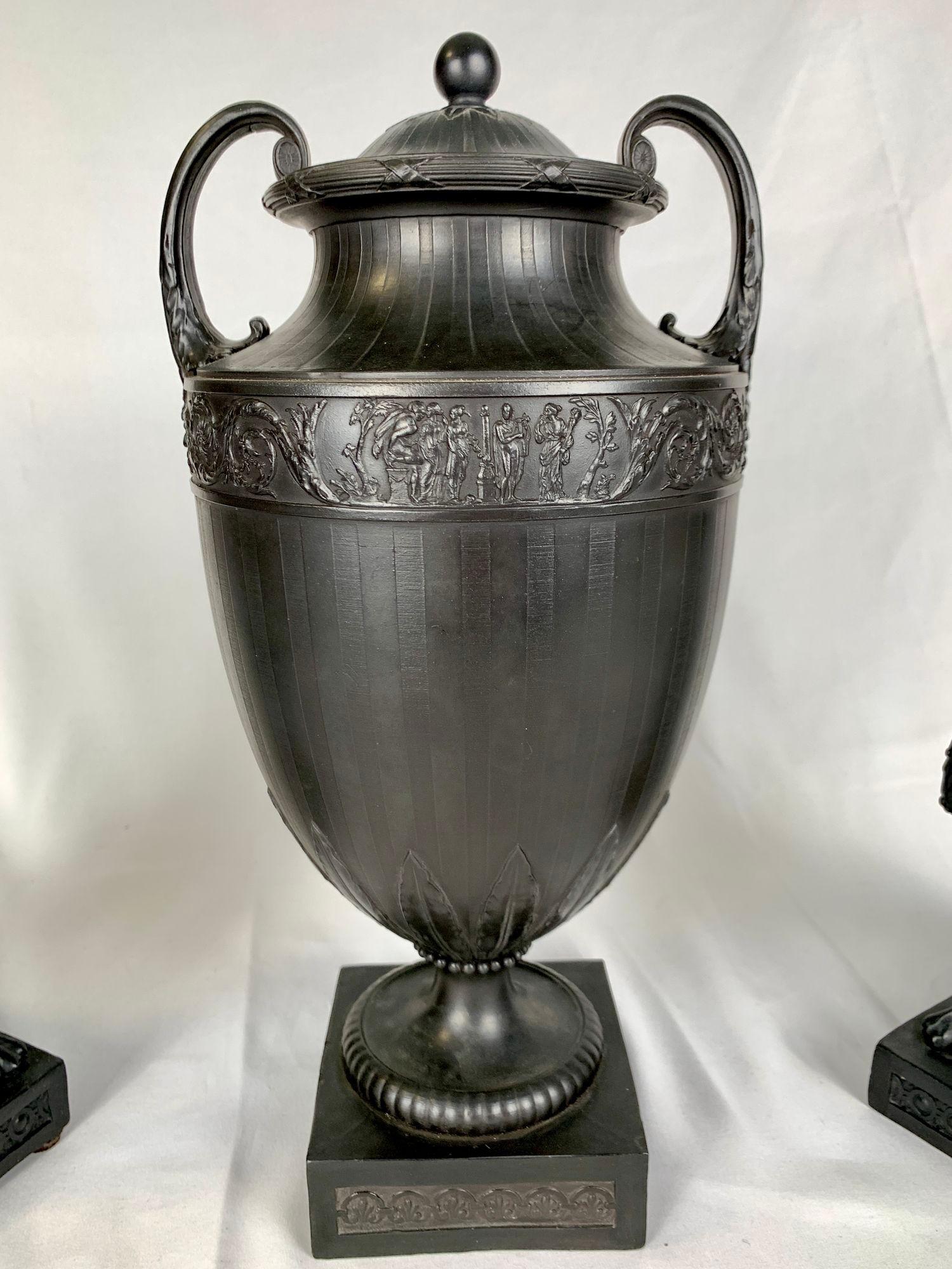 Pair Antique Wedgwood Black Basalt Griffins Flank a Wedgwood Black Basalt Jar In Excellent Condition In Katonah, NY